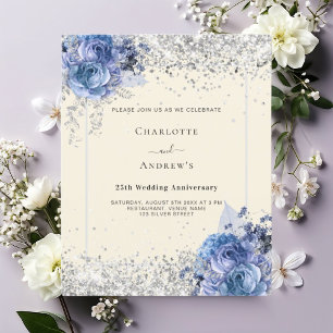 Blue florals cream silver 25th wedding invitation
