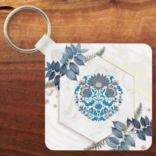 Blue Florals, Delicate Botanical Frame Keychain (Front)