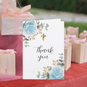 Blue florals eucalyptus cross photo baptism letterpress thank you card