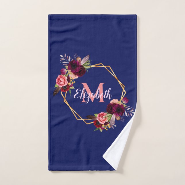 Blue florals geometric burgundy monogram bath towel set (Hand Towel)