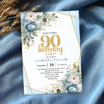 Blue Florals Gold Border 90th Birthday Invitation<br><div class="desc">✅ For matching items search 28-90 in my collections ✅ Celebrate a truly remarkable milestone with this elegant 90th Birthday Invitation, featuring soft watercolor blue flowers paired with a luxurious gold glitter frame. Designed to be timeless, classy, and beautifully feminine or gender-neutral, this invitation sets the perfect tone for an...</div>