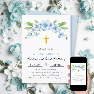 Blue florals gold cross baptism and First Birthday Invitation