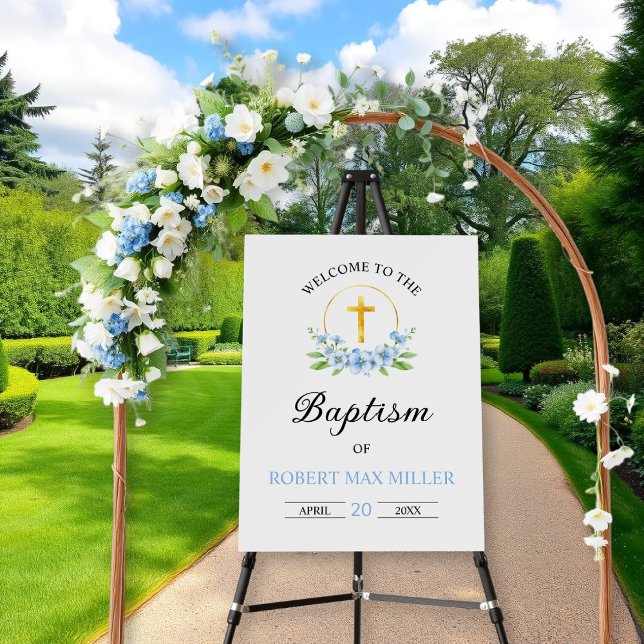Blue florals, gold cross boy baptism welcome sign (Creator Uploaded)