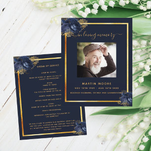 Blue florals gold photo funeral program