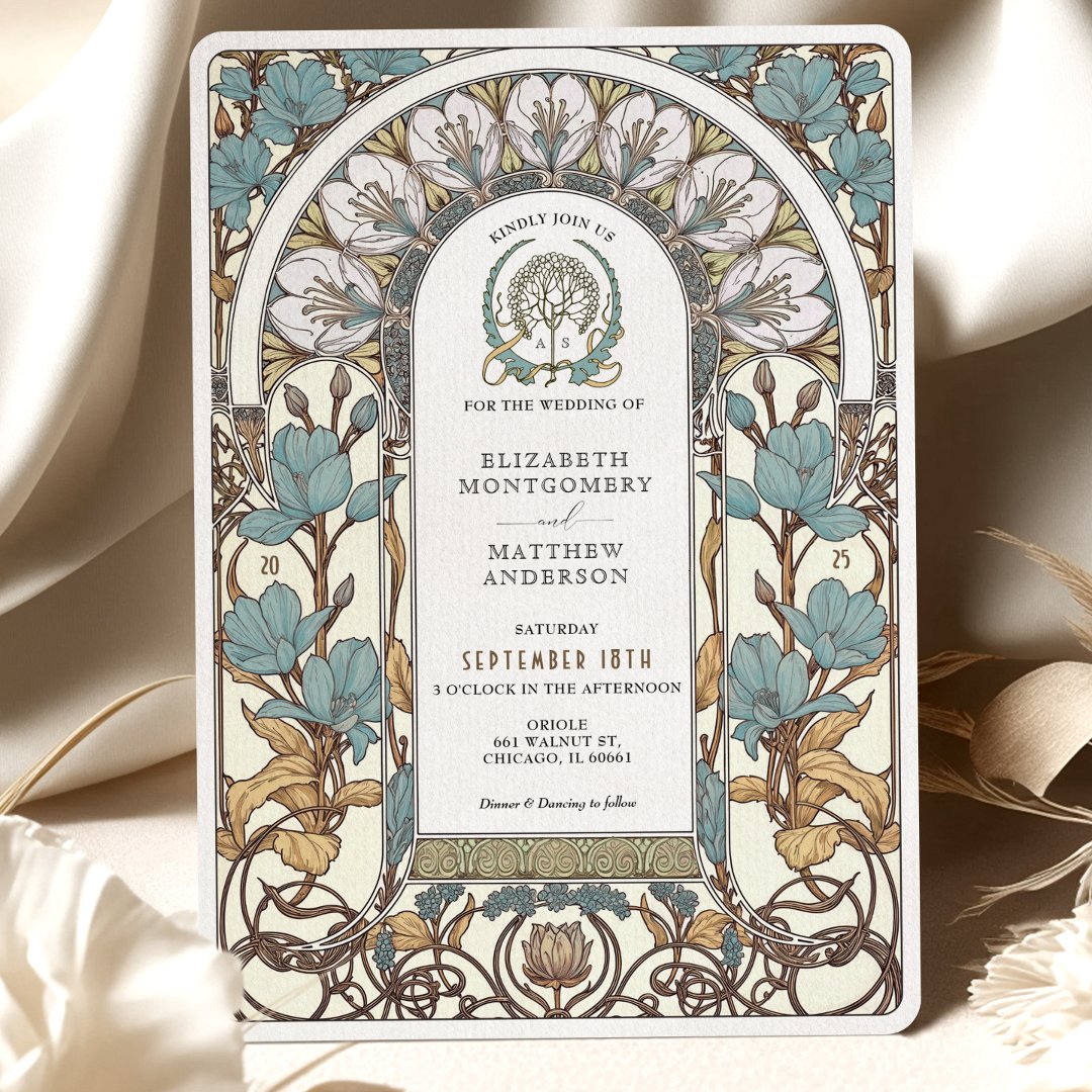 Blue Florals &amp; Golden Accents Art Nouveau                    Wedding Invitation