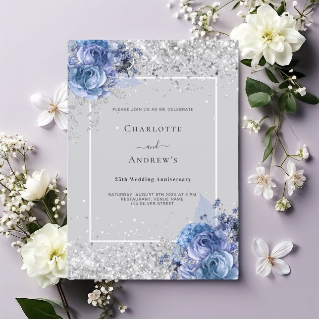 Blue florals gray silver 25th wedding anniversary invitation (Creator Uploaded)
