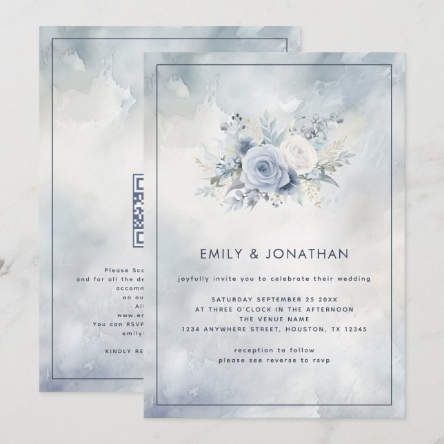 Blue Florals Gray Watercolor Wash QR Code Wedding Invitation (Front/Back)