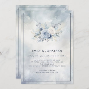 Blue Florals Gray Watercolor Wash QR Code Wedding Invitation