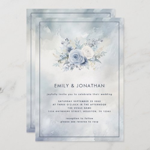Blue Florals Gray Watercolor Wash QR Code Wedding Invitation