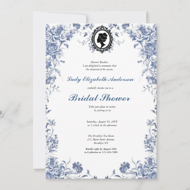 Blue Florals Invitation Budget Blue and White (Front)