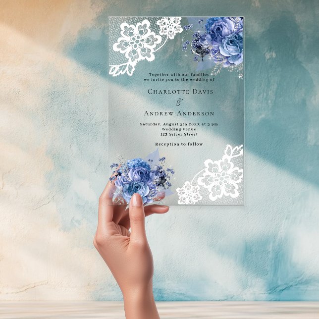 Blue florals lace wedding acrylic invitations (Creator Uploaded)