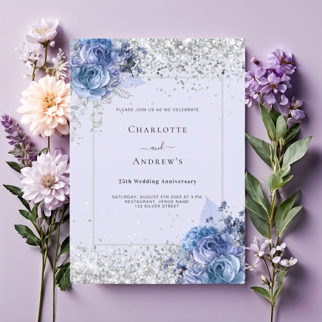 Blue florals lavender silver 25th wedding  invitation (Creator Uploaded)