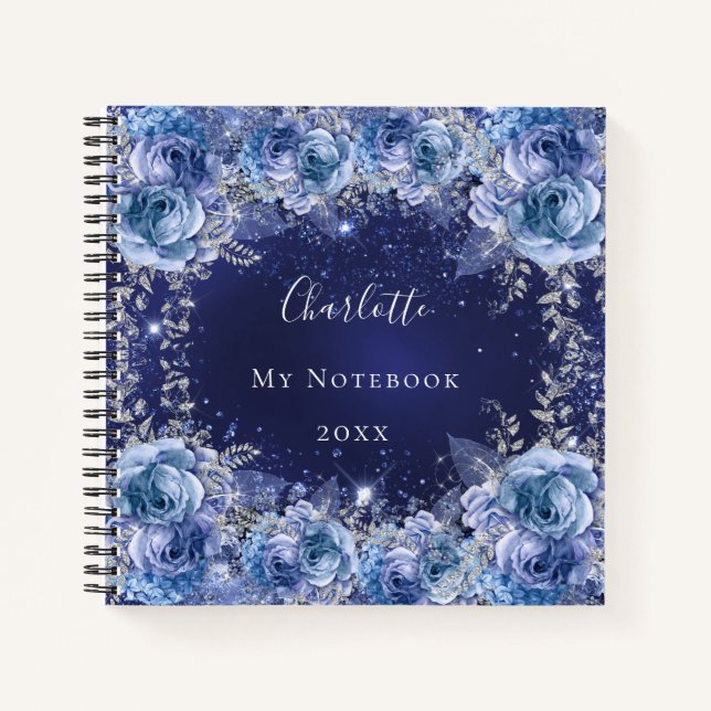 Blue florals name elegant notebook (Front)