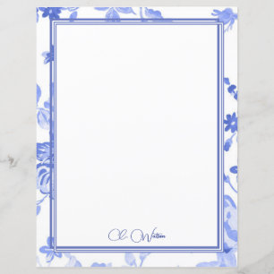 Blue Florals on White Personalized Paper Sheet