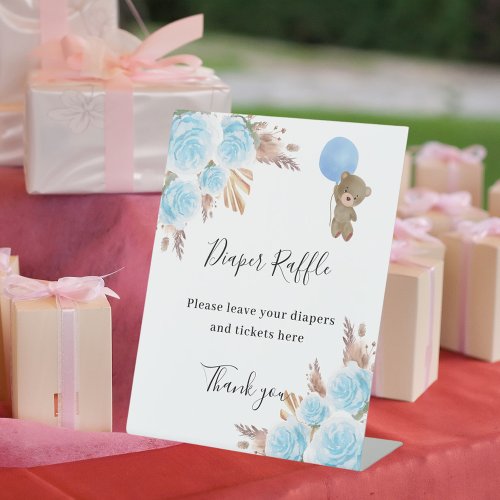 Blue florals pampas baby shower diaper raffle sign