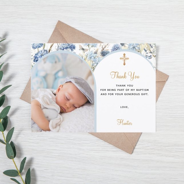 Blue florals photo arch boy Baptism Thank You card (Creator Uploaded)
