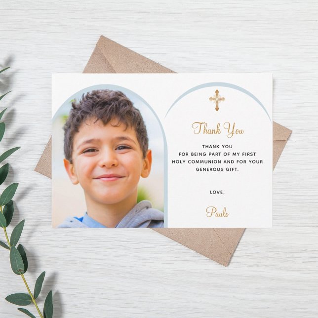 Blue florals photo boy gold cross First Communion  Thank You Card (Creator Uploaded)