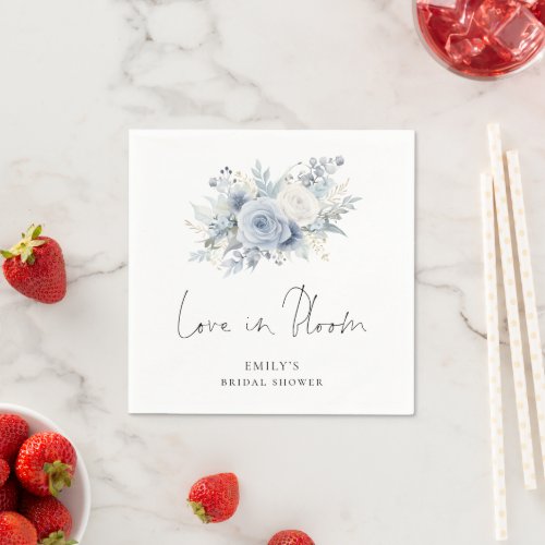 Blue Florals Script Love in Bloom Bridal Shower Napkins