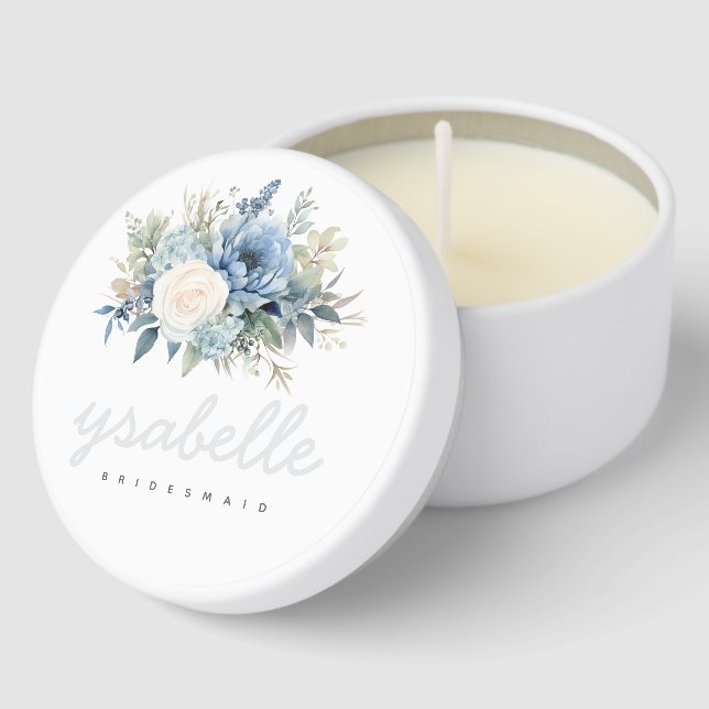 Blue Florals Script Minimalist Name Bridesmaid  Mini Candle Favors (Corner)