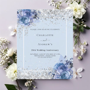 Blue florals silver 25th anniversary invitation