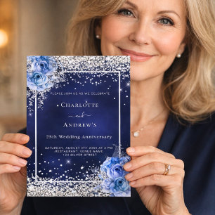 Blue florals silver 25th wedding invitation