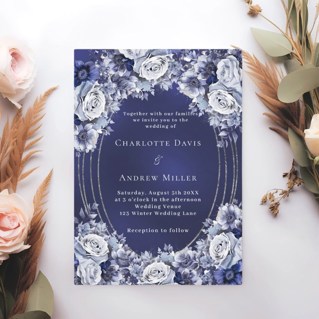 Blue florals silver frame wedding invitation (Creator Uploaded)