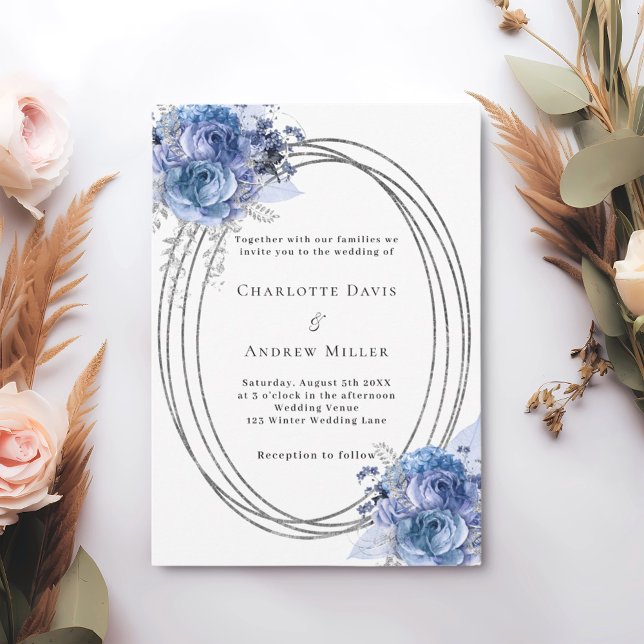 Blue florals silver frame wedding invitation (Creator Uploaded)