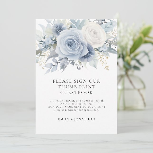 Blue Florals Thumbprint Guestbook sign card (Standing Front)