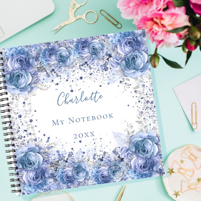 Blue florals white elegant name notebook (Creator Uploaded)