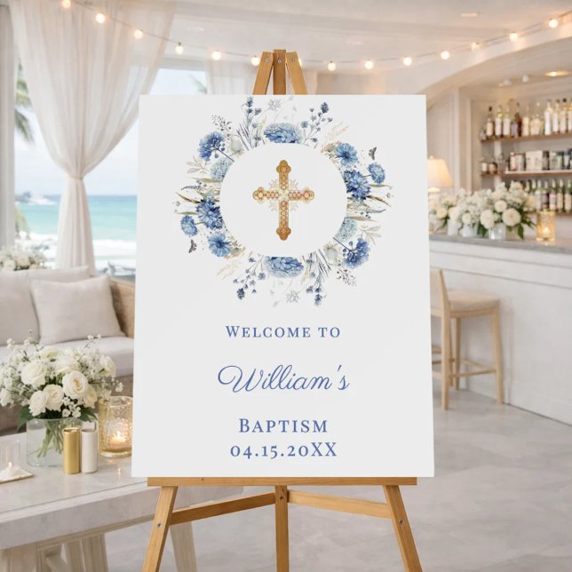 Blue florals wreath boy Baptism welcome Foam Board (Creator Uploaded)