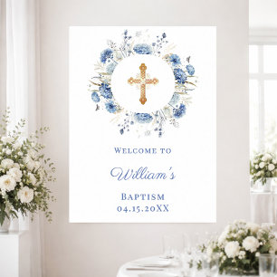 Blue florals wreath boy Baptism welcome Poster