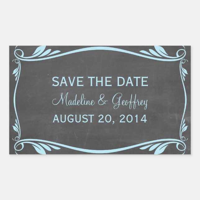 Blue Flourish Chalkboard Save the Date Stickers (Front)