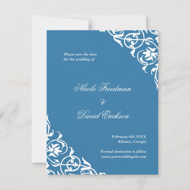 Blue flourish classy scroll wedding save the date (Front)