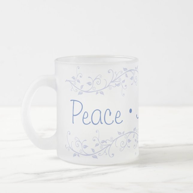 Blue Flourish Peace Joy Love Christmas Frosted Glass Coffee Mug (Left)