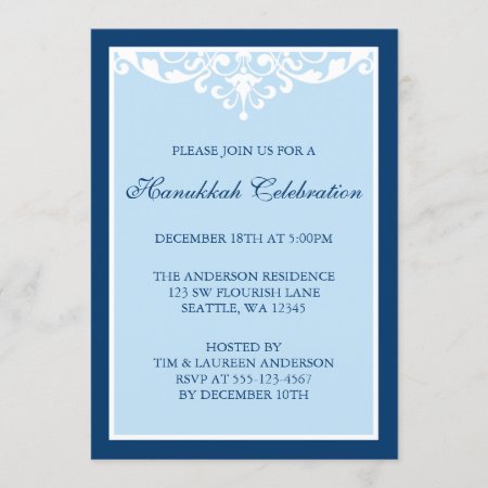 Blue Flourish Scroll Hanukkah Holiday Party Invitation