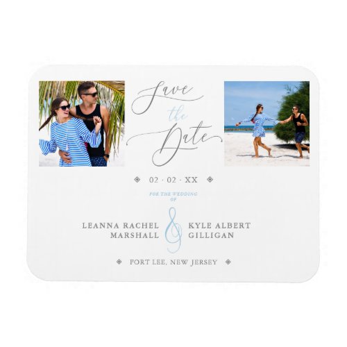 Blue Flourishes 2 Photos Sophisticated Wedding Magnet