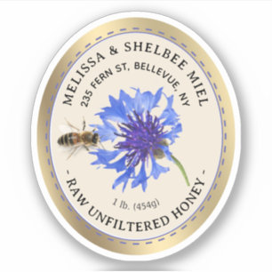 Blue flower and Bee Waterproof Label Gold Border