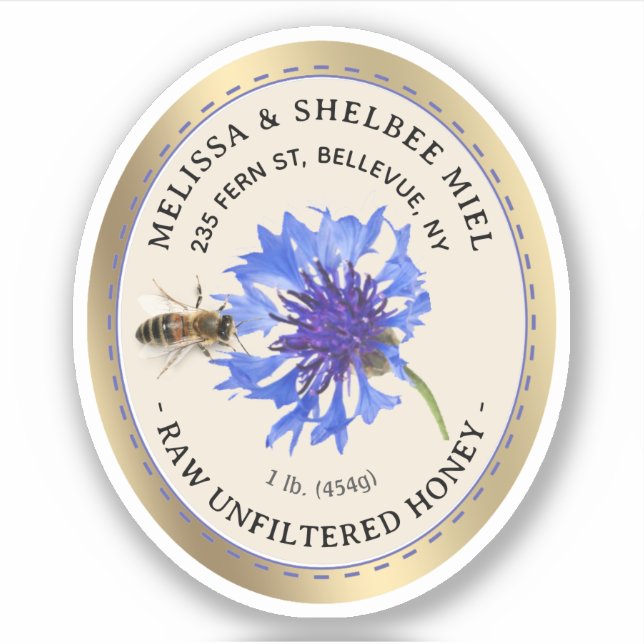 Blue flower and Bee Waterproof Label Gold Border (Front)