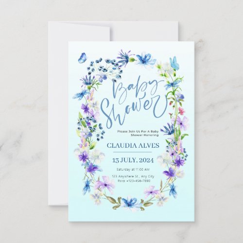 blue flower and butterfly watercolor babyshower invitation