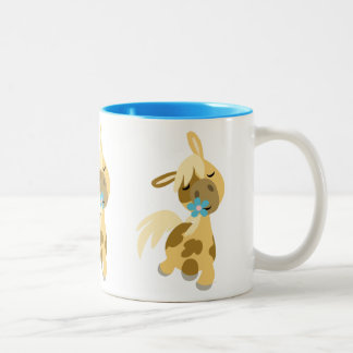 Blue Flower and Cute Cartoon Pony Two-Tone Coffee Mug