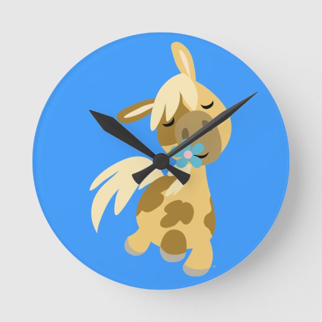 Blue Flower and Cute Cartoon Pony Wall Clock (Front)