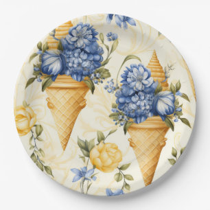 Blue Flower and Ice Cream - Round Paper Plates
