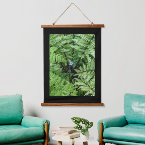Blue Flower and Ostrich Fern with Black Border Hanging Tapestry