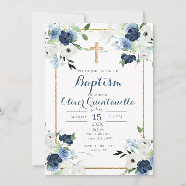 Blue flower baptism invitation for boy  (Front)