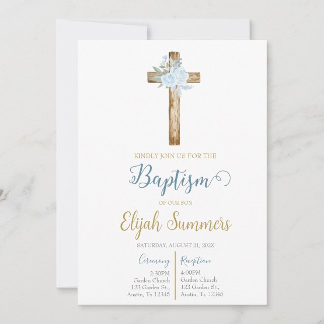 Blue flower baptism invitation for boy (Front)