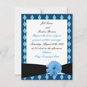 Blue Flower Black Ribbon Wedding Invitation