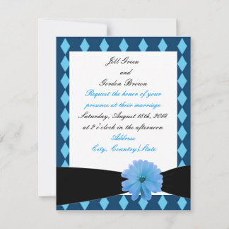 Blue Flower Black Ribbon Wedding Invitation