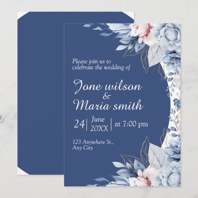 Blue Flower Bordered Wedding Invitation (Front/Back)