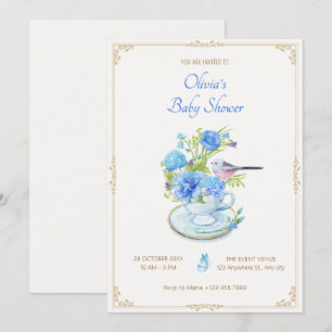 Blue flower bouquet bird baby shower invitation