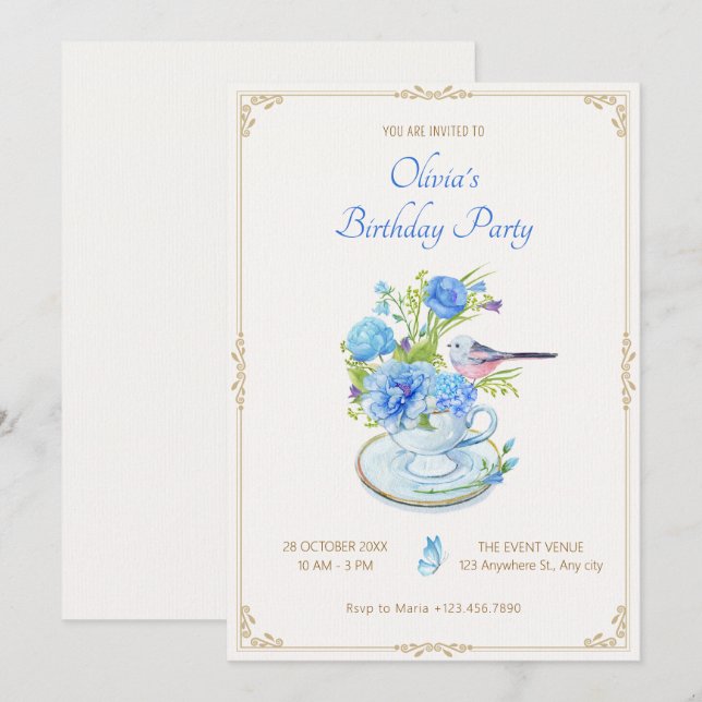 Blue flower bouquet bird birthday invitation (Front/Back)